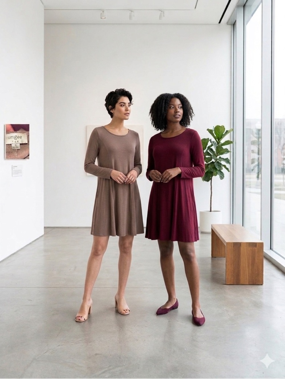 LOT of 2 Umgee Boho A-Line Tunic Mini Dresses | M | Cabernet & Taupe Minimalist